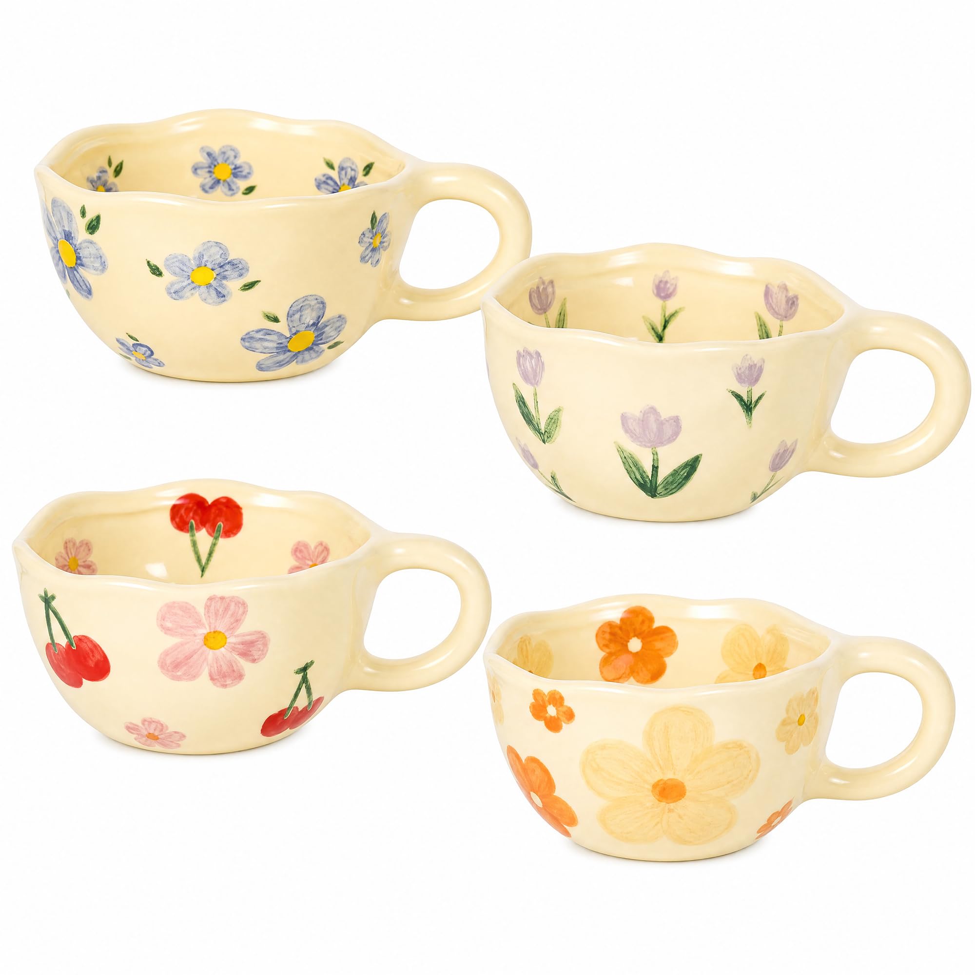 Coffee Tea Love - 4-pack schattige, handgeschilderde, unieke koffiemokken met